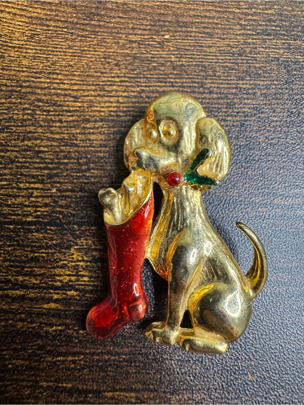 💚4/$20 Vintage Gold-tone Dog Puppy Brooch Pin Red Enamel Stocking Green Holly